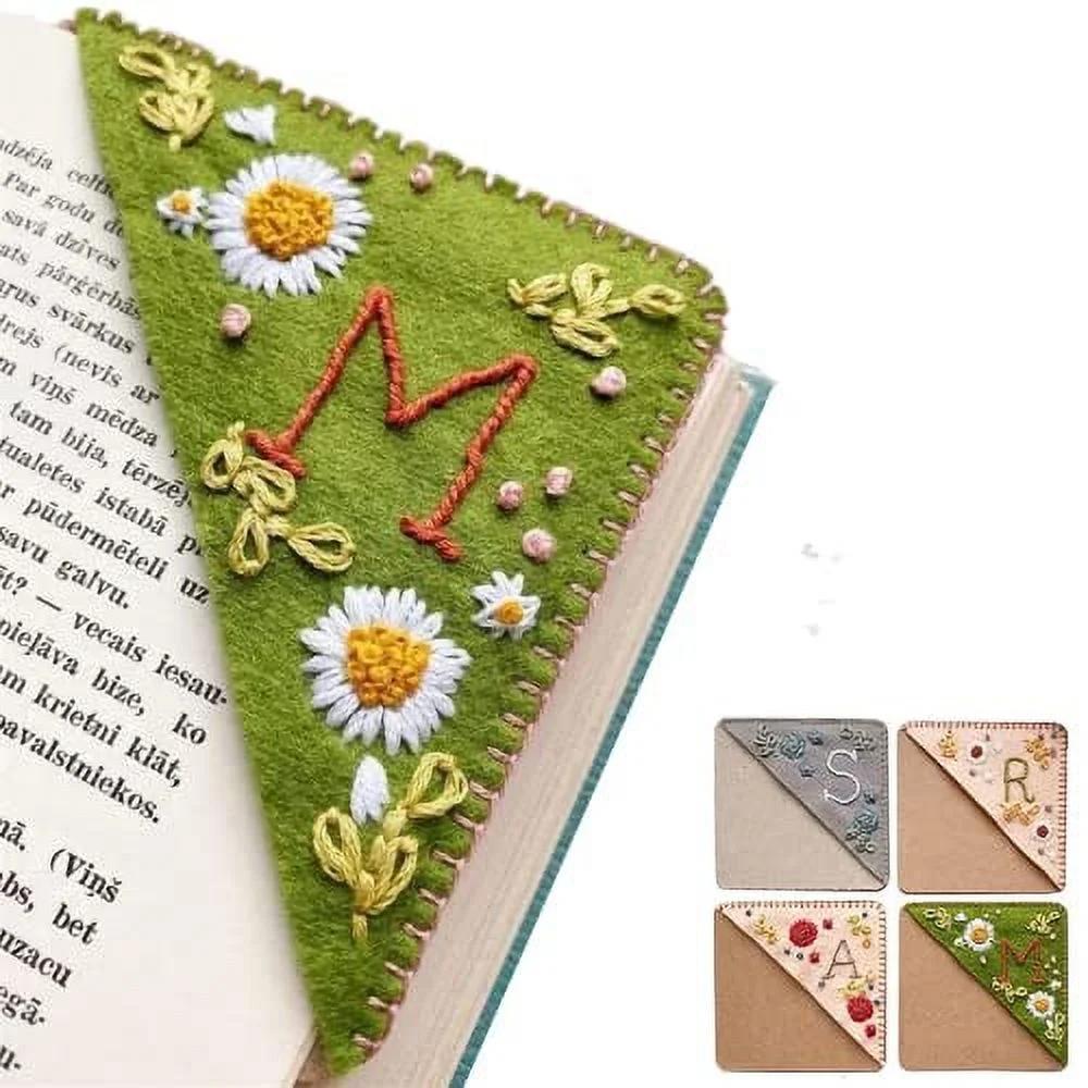 Personalized Hand Embroidered Corner Bookmark 26 Letters Felt Triangle Corner Page Bookmark Handmade Stitched Book Marker Cute Flower Bookmarks for Book Reading Lovers Meaningful Gift (A, Summer)