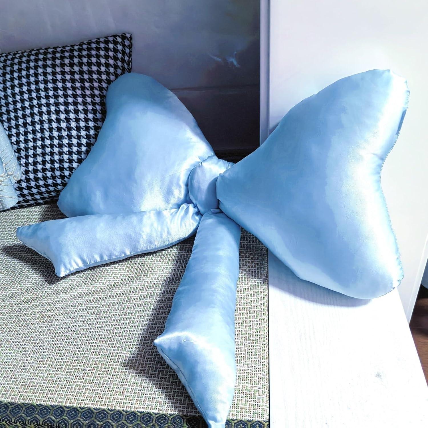 Bow Pillow, Big Bow Satin Throw Pillow, Big Bow Throw Pillow Satin Material, Satin Pillow, Bow Shaped Throw Pillow, Bow Room Decor (Blue)
